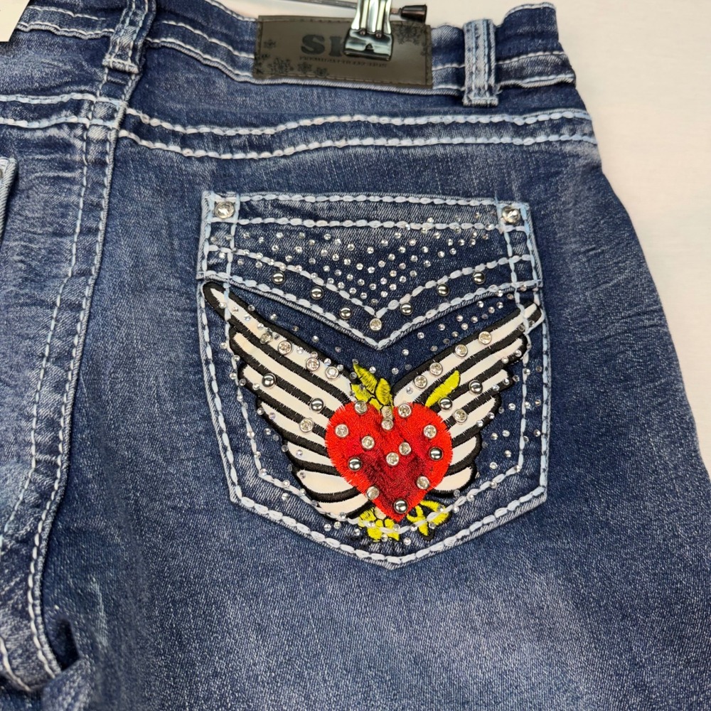 Sky Premium Collection Low Rise Bootcut Jeans Rhinestone Heart Wings Blue 13/31 - Picture 5 of 8